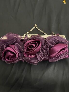 bebe Purple Satin Floral Rosette Clutch with Chain